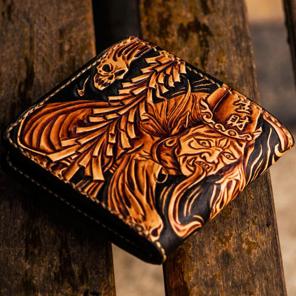 Handmade Leather Chinese Black&White Tooled Mens billfold Wallet Cool Leather Wallet Slim Wallet for Men - imessengerbags