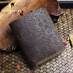 Handmade Leather Floral Mens Cool Slim Leather Wallet Men billfold Wallets Bifold for Men - imessengerbags