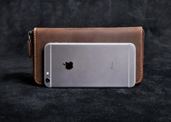 Genuine Leather Mens Cool Long Leather Wallet Zipper Clutch Wristlet Wallet for Men