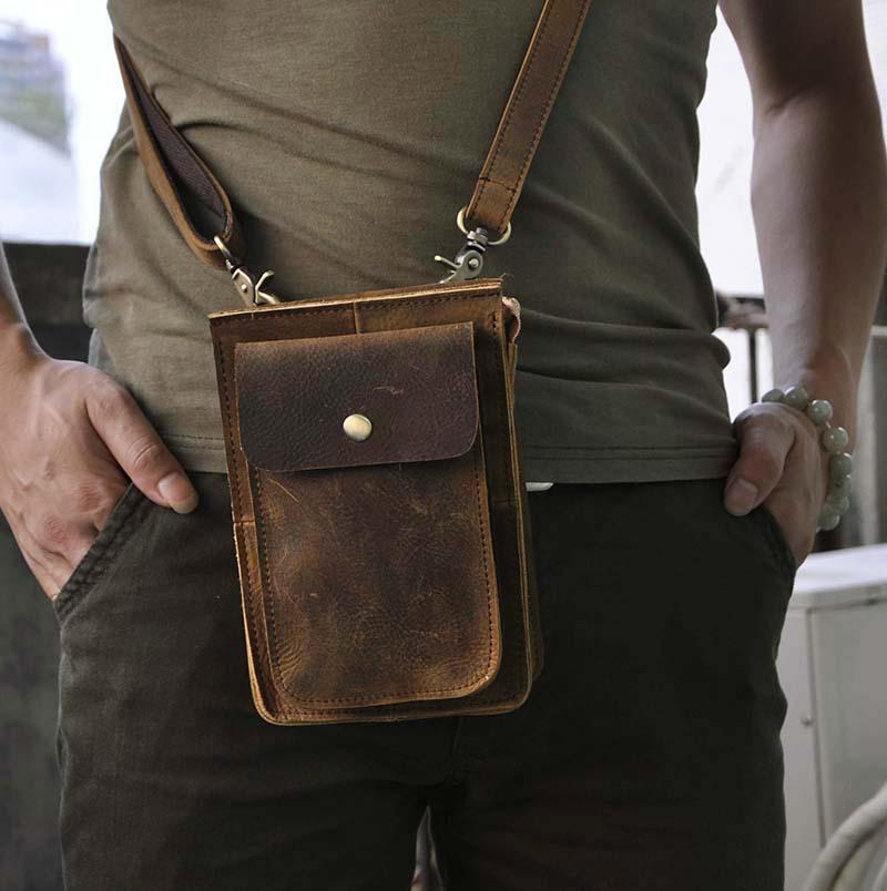 Brown Mens Leather Small Belt Pouch Mens Waist Bag Side Bag Mini