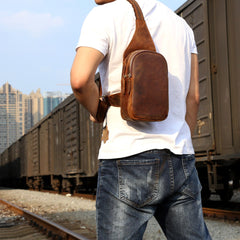 Genuine Leather Mens Cool Chest Bag Sling Bag Crossbody Bag Travel Bag Hiking Bag for men