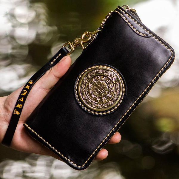 Handmade Leather Tibetan Mens Chain Biker Wallet Cool Leather Wallet Long Clutch Wallets for Men - imessengerbags