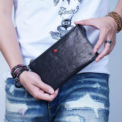 Genuine Leather Mens Cool Long Leather Wallet Zipper Clutch Wallet for Men