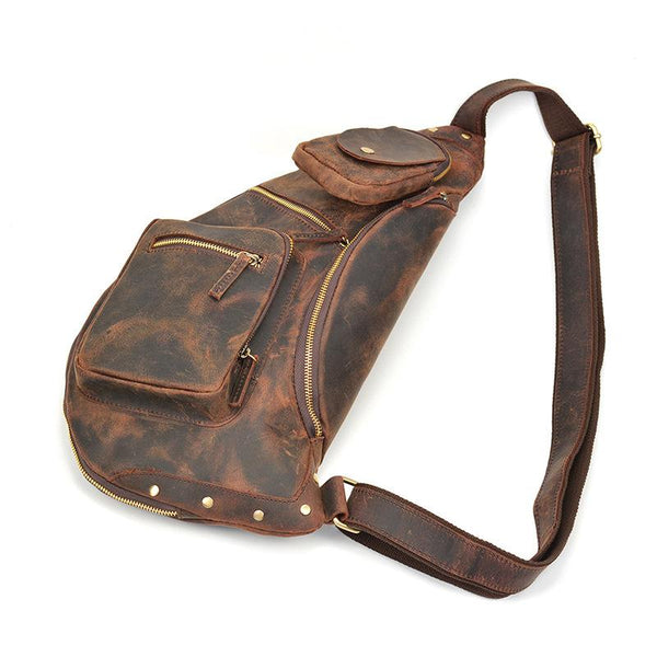 Handmade Leather Mens Cool Chest Bag Sling Bag Crossbody Bag Travel Bag Hiking Bag for men - imessengerbags