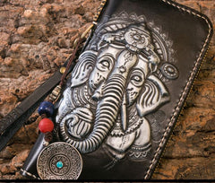 Handmade Leather Mens Chain Biker Wallet Cool Tooled Ganesha Wallet Long Phone Wallets for Men