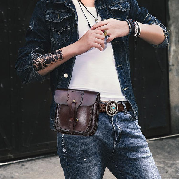 Cool Leather Mens large Biker Belt Pouch Waist Bag Side Bag Shoulder Bag for Men