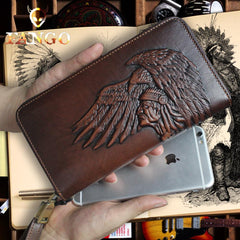 Handmade Leather Mens Tooled Indian Cool Zipper Phone Travel Long Wallet Card Holder Card Slim Clutch Wallets for Men - imessengerbags
