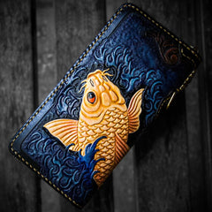 Handmade Leather Men Tooled Carp Cool Leather Wallet Long Phone Wallets for Men - imessengerbags