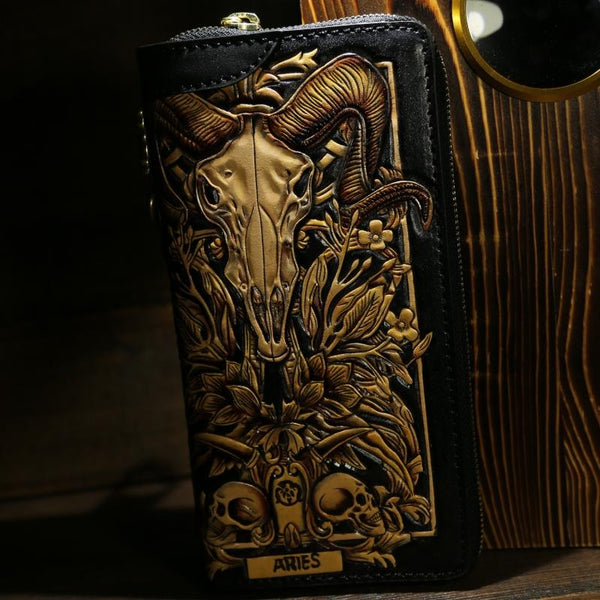 Handmade Leather Tooled Constellation Biker Wallet Mens Cool Chain Wallet Trucker Wallet with Chain - imessengerbags