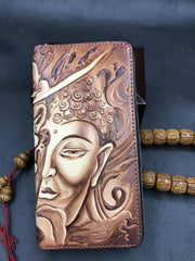 Handmade Leather Mens Clutch Wallet Cool Buddha&Demon Tooled Wallet Long Zipper Wallets for Men - imessengerbags