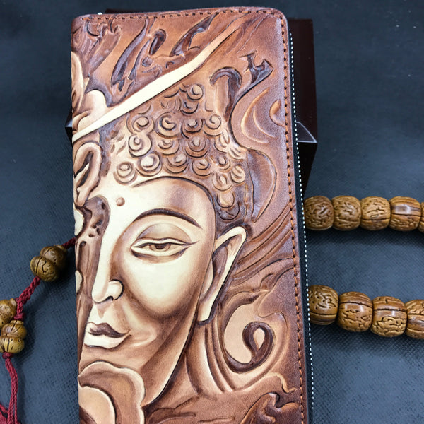 Handmade Leather Mens Clutch Wallet Cool Buddha&Demon Tooled Wallet Long Zipper Wallets for Men - imessengerbags