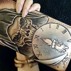 Handmade Leather Skull Death Tooled Mens Long Wallet Cool Leather Wallet Clutch Wallet for Men - imessengerbags