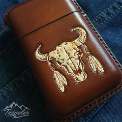 Brown Leather Mens Engraved Skull Cigarette Holder Case Vintage Custom Cigarette Case for Men - imessengerbags