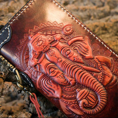 Handmade Leather Mens Chain Biker Wallet Cool Tooled Ganesha Wallet Long Phone Wallets for Men