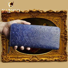 Handmade Leather Floral Mens Cool Travel Long Wallet Card Holder Card Slim Clutch Wallets for Men - imessengerbags