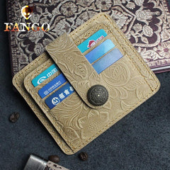 Handmade Leather Floral Mens Cool Front Pocket Wallet Short Wallet Card Holder Small Card Slim Wallets for Men