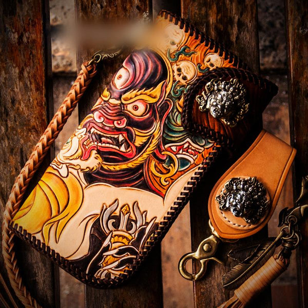 Handmade Leather Tooled Mahākāla Mens Chain Biker Wallet Cool Leather Wallet Long Clutch Wallets for Men - imessengerbags
