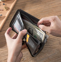 Handmade Leather Mens Cool Slim Leather Zipper Wallet Men Small Wallets Bifold for Men - imessengerbags