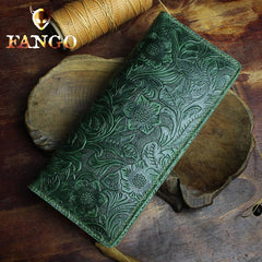 Handmade Leather Floral Mens Cool Travel Long Wallet Card Holder Card Slim Clutch Wallets for Men - imessengerbags