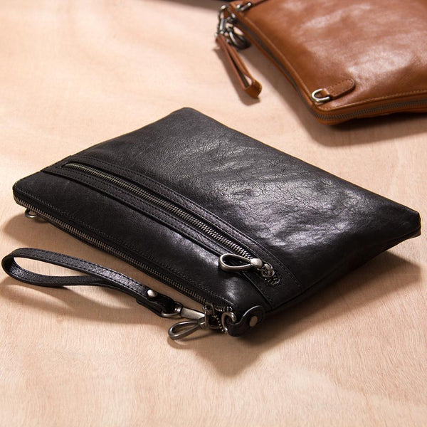 Leather Mens Clutch Wristlet Bag Black Shoulder Bag Zipper Clutch for Men - imessengerbags