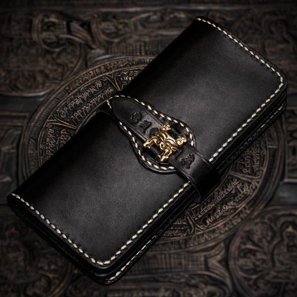 Handmade Leather Men Tooled Chinese Lion Cool Leather Wallet Long Phone Wallets for Men - imessengerbags