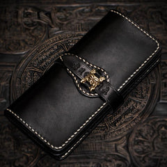 Handmade Leather Men Tooled Chinese Lion Cool Leather Wallet Long Phone Wallets for Men - imessengerbags