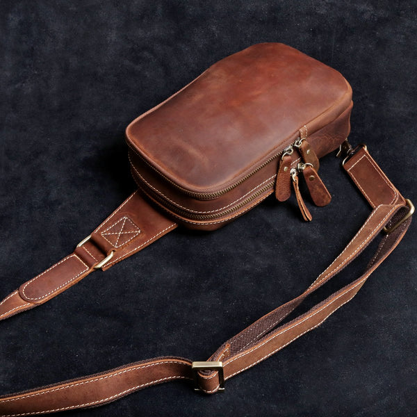 Genuine Leather Mens Cool Chest Bag Sling Bag Crossbody Bag Travel Bag Hiking Bag for men