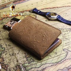 Handmade Leather Floral Mens Cool Travel Short Wallet Passport Card Holder Small Card Slim Wallets for Men - imessengerbags