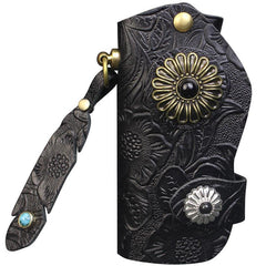 Handmade Leather Floral Mens Cool Car Key Wallet Coin Wallet Pouch Car KeyChain for Men - imessengerbags