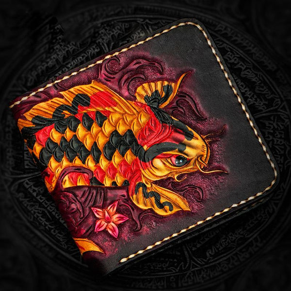 Handmade Leather Carp Tooled Mens billfold Wallet Cool Leather Wallet Slim Wallet for Men - imessengerbags
