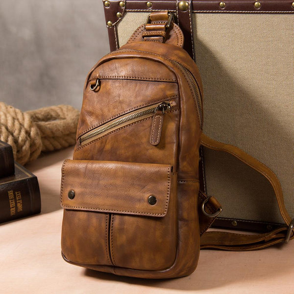 Leather Mens Cool Sling Bag Brown Crossbody Bag Chest Bag for men - imessengerbags
