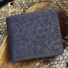 Handmade Leather Floral Mens Cool Slim Leather Wallet Men billfold Wallets Bifold for Men - imessengerbags