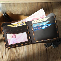 Handmade Slim Black Leather Mens Billfold Wallets Personalize Bifold Small Wallets for Men