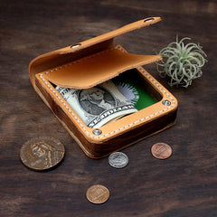 Handmade Cool Wooden Brown Leather Mens Wallet Small Card Holder Coin Wallet for Men - imessengerbags