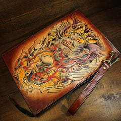 Handmade Leather Tooled Mens Cool Long Leather iPad Bag Wristlet Clutch Wallet for Men - imessengerbags