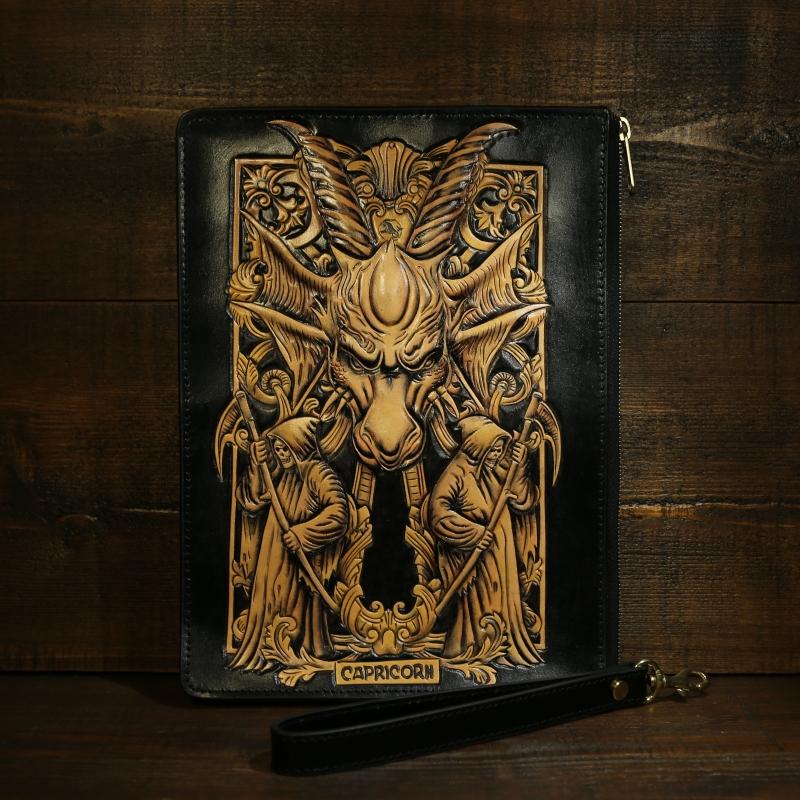 Handmade Leather Tooled CONSTELLATION Mens Cool Long Leather iPad Bag Wristlet Clutch Wallet for Men - imessengerbags