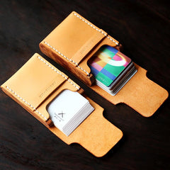 Handmade Cool Wooden Brown Leather Mens Wallet Small Card Holder Coin Wallet for Men - imessengerbags