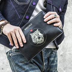 Handmade Leather Mens Clutch Cool Slim Wallet Zipper Clutch Wristlet Wallet for Men