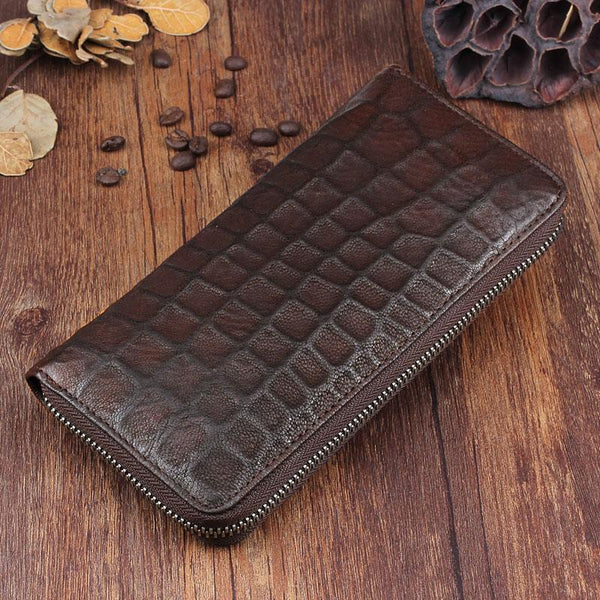 Genuine Leather Mens Cool Long Leather Wallet Zipper Clutch Wallet for Men - imessengerbags