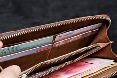 Genuine Leather Mens Cool Long Leather Wallet Zipper Clutch Wristlet Wallet for Men