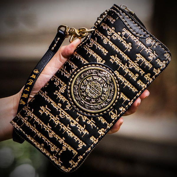 Handmade Leather Tibetan Mens Chain Biker Wallet Cool Leather Wallet Long Clutch Wallets for Men - imessengerbags