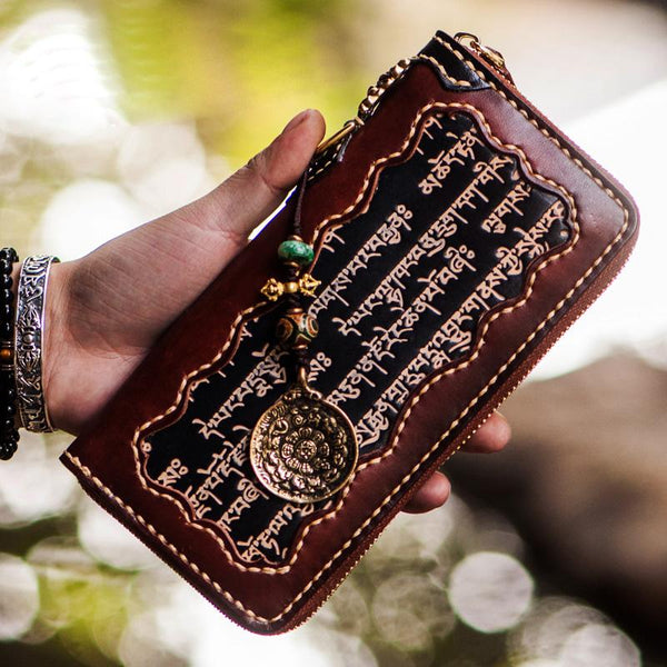 Handmade Leather Mens Tibetan Chain Biker Wallet Cool Leather Wallet Long Clutch Wallets for Men - imessengerbags