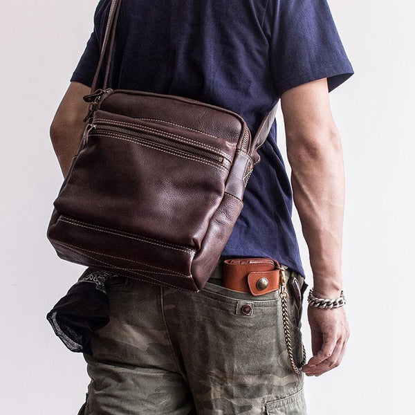 Genuine Leather Mens Cool Messenger Bag Square Bag Chest Bag Bike Bag Cycling Bag for men - imessengerbags