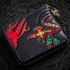 Handmade Leather Chinese Lion Tooled Mens billfold Wallet Cool Chain Wallet Biker Wallet for Men - imessengerbags