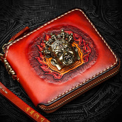 Handmade Mahākāla Leather Brown Biker Wallet Mens Cool Short Chain Wallet Trucker Wallet with Chain - imessengerbags