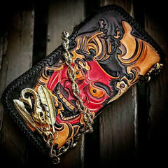 Handmade Leather Tooled Prajna Mens Chain Biker Wallet Cool Leather Wallet With Chain Wallets for Men - imessengerbags
