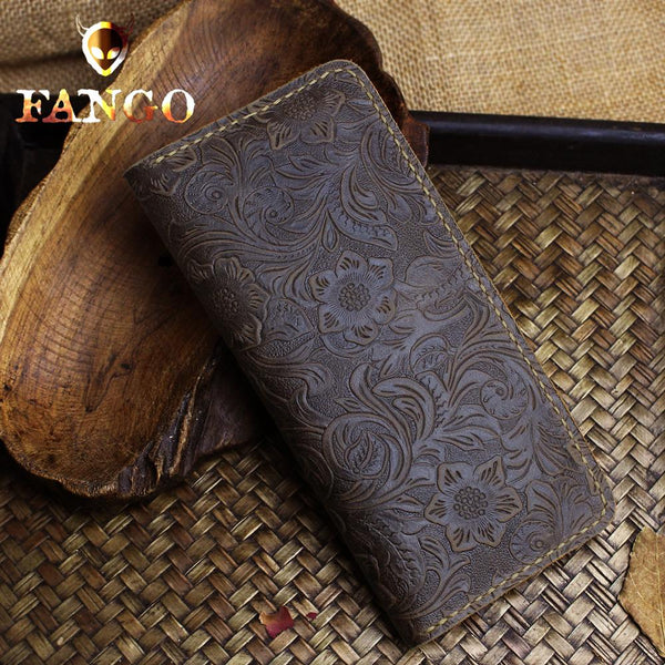 Handmade Leather Floral Mens Cool Travel Long Wallet Card Holder Card Slim Clutch Wallets for Men - imessengerbags