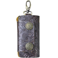 Handmade Leather Floral Mens Cool Car Key Wallet Coin Wallet Pouch Car KeyChain for Men - imessengerbags