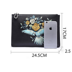 Handmade Leather Mens Clutch Parrots Cool Slim Wallet Zipper Clutch Wristlet Wallet for Men