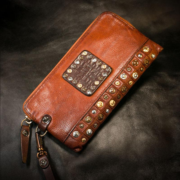 Handmade Leather Mens Chain Biker Wallet Cool Leather Wallet Long Phone Wallets for Men - imessengerbags